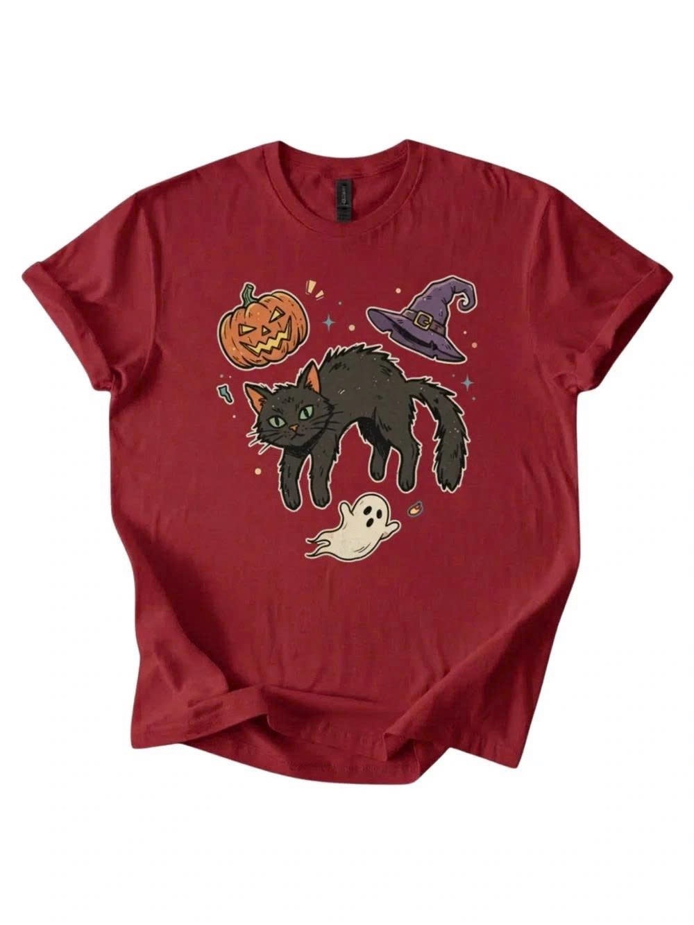 Halloween Black Cat Graphic Tee - Red